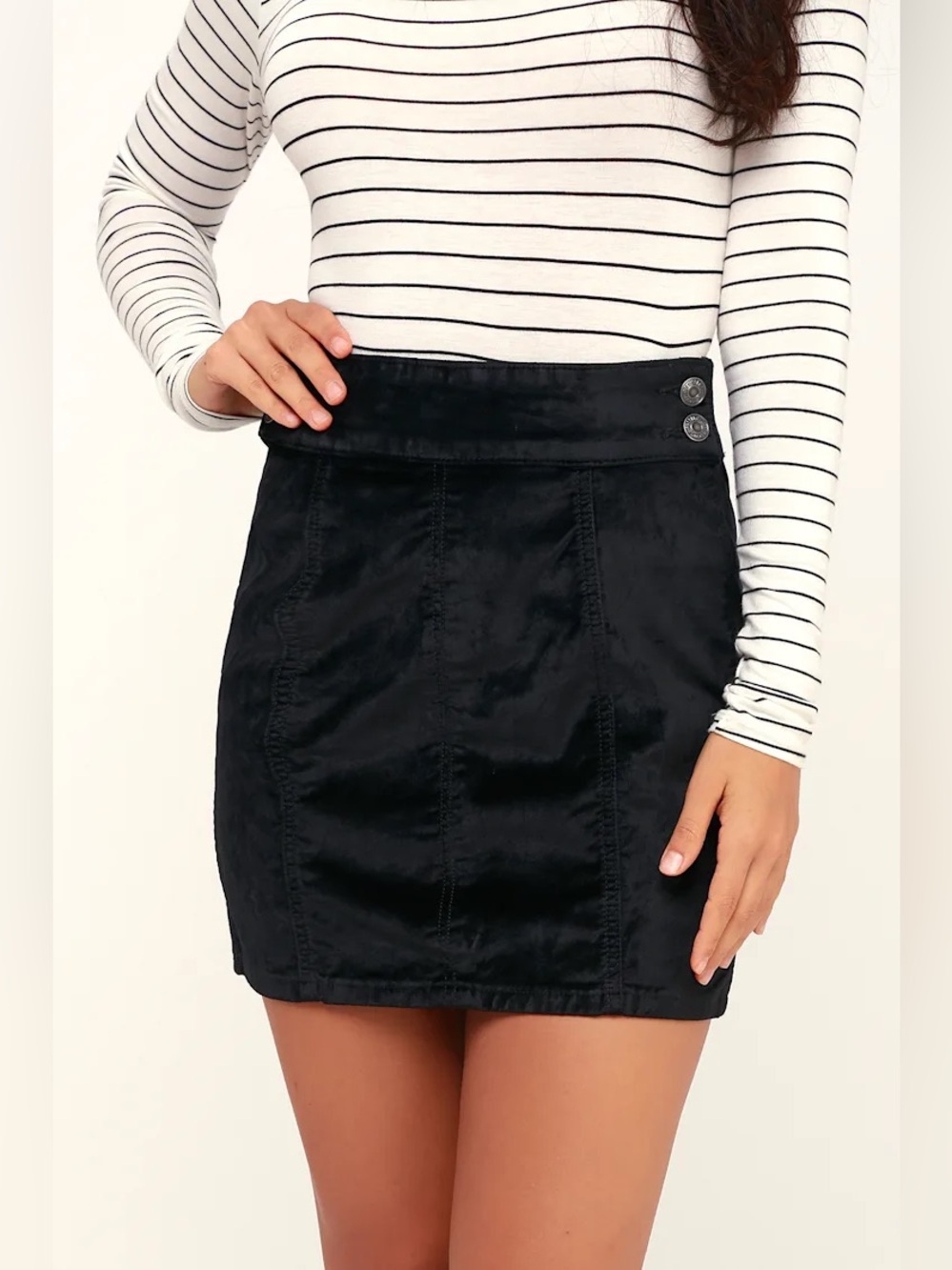 Free People Black Velvet Mini Skirt W24 Button Detail Zip Back Boho Festival